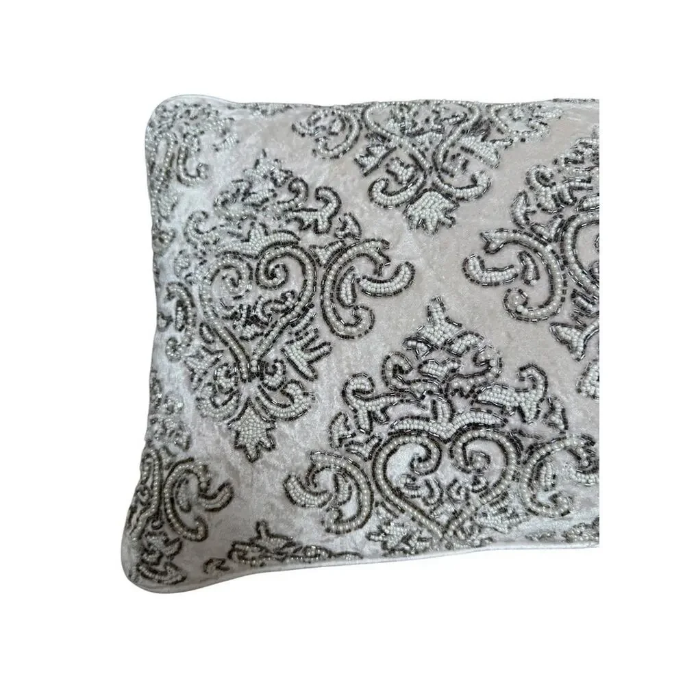 Cream Silver Velvet Sparkly Beaded Oversized Lumbar Rectangular Throw Pillow